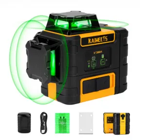 Pozičný laser KAIWEETS KT360A  3 x 360  Green Line s USB C dobíjateľnou batériou s dosahom 196ft IP54 vodotesný, najlepší pre meranie vonku