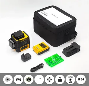 Pozičný laser KAIWEETS KT360A  3 x 360  Green Line s USB C dobíjateľnou batériou s dosahom 196ft IP54 vodotesný, najlepší pre meranie vonku