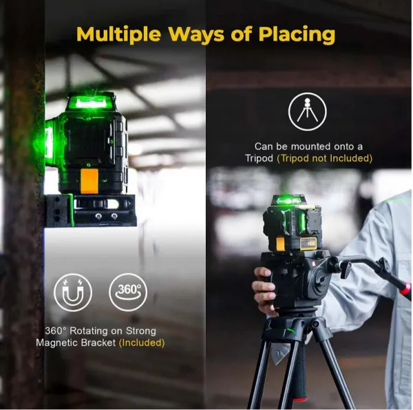 Pozičný laser KAIWEETS KT360A  3 x 360  Green Line s USB C dobíjateľnou batériou s dosahom 196ft IP54 vodotesný, najlepší pre meranie vonku