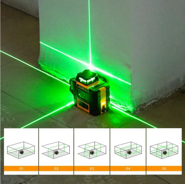 Pozičný laser KAIWEETS KT360A  3 x 360  Green Line s USB C dobíjateľnou batériou s dosahom 196ft IP54 vodotesný, najlepší pre meranie vonku