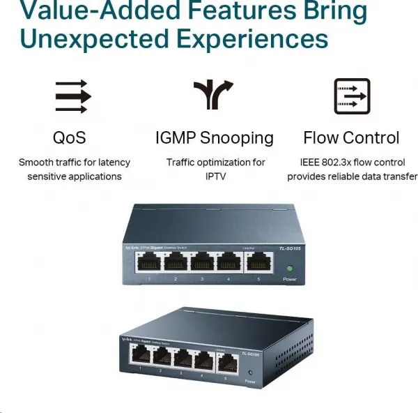 Gigabit Switch TP-LINK TL-SG105 . 5-port 10/100/10000M, 5x 10/100/1000M RJ45 ports, supports GMP Snooping, Metal case