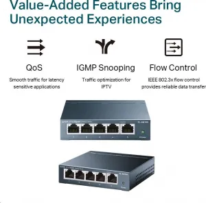 Gigabit Switch TP-LINK TL-SG105 . 5-port 10/100/10000M, 5x 10/100/1000M RJ45 ports, supports GMP Snooping, Metal case