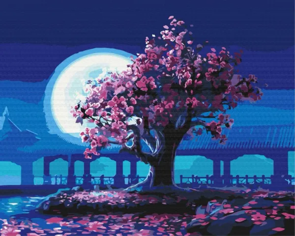 Maľovanie podľa čísiel sakura v mesačnom svite