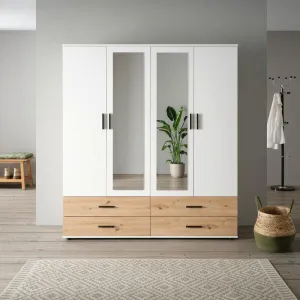 Šatníková skriňa so zrkadlom a zásuvkami Rasant, biela/dub