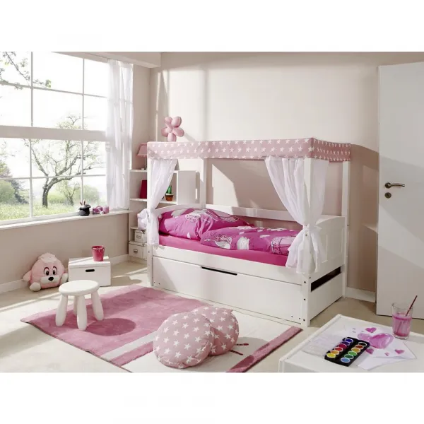 Detská posteľ s nebesami LINO MINI záves ružovo-biely