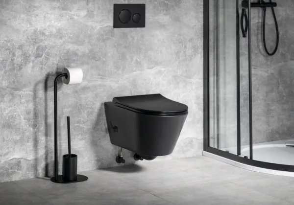 SAPHO - AVVA CLEANWASH závesná WC misa, Rimless, integrovaná batéria a bidetová spŕška 35,5x53cm, čierna matná 100315-110