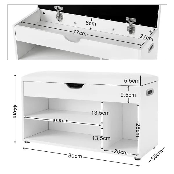 SONGMICS Botník so sedadlom a úložným priestorom biely 80x44 cm