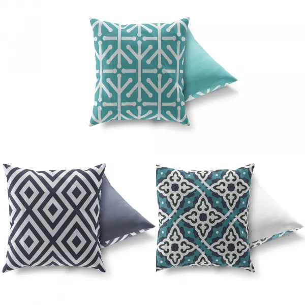 Hanah Home Sada vzorovaných polštářů VAPO 3 ks 43x43 cm tyrkysová/modrá/bílá