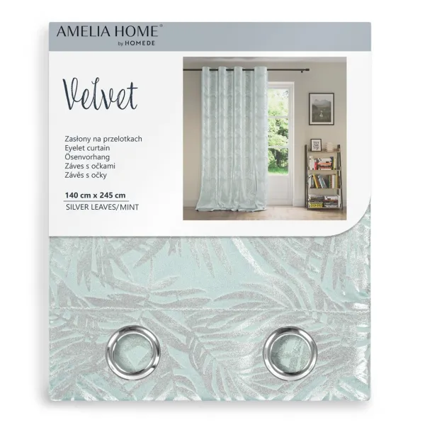 Záves AmeliaHome Velvet Silver Leaves s priechodkami 140x245 cm mätový, veľkosť 140x245