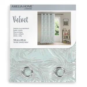 Záves AmeliaHome Velvet Silver Leaves s priechodkami 140x245 cm mätový, veľkosť 140x245