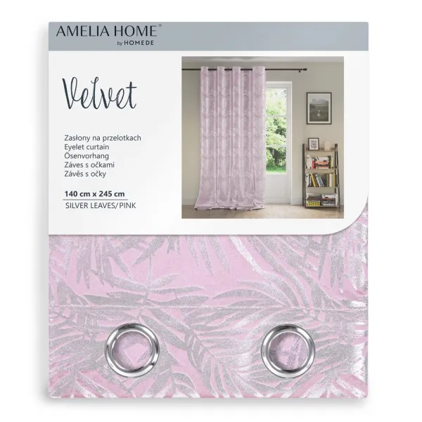 Záves AmeliaHome Velvet Silver Leaves s priechodkami 140x245 cm ružový, veľkosť 140x245