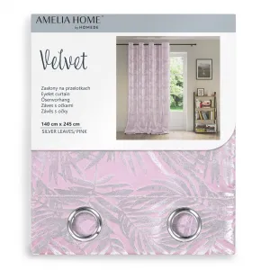 Záves AmeliaHome Velvet Silver Leaves s priechodkami 140x245 cm ružový, veľkosť 140x245
