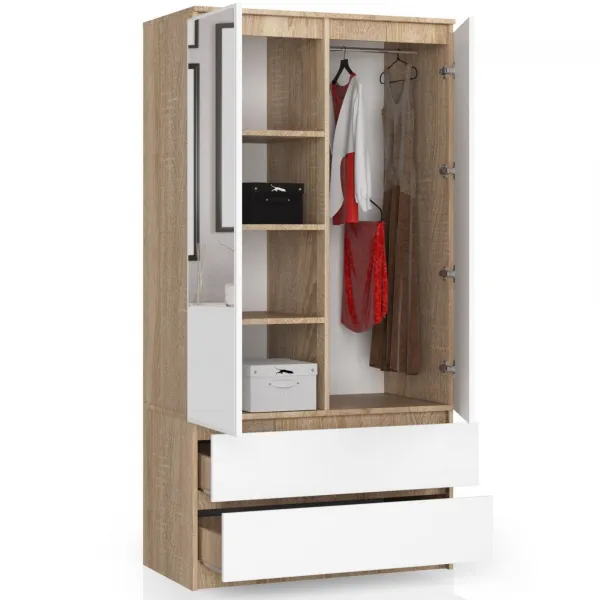 Ak furniture Šatníková skriňa Star so zrkadlom 90 cm dub sonoma/biela