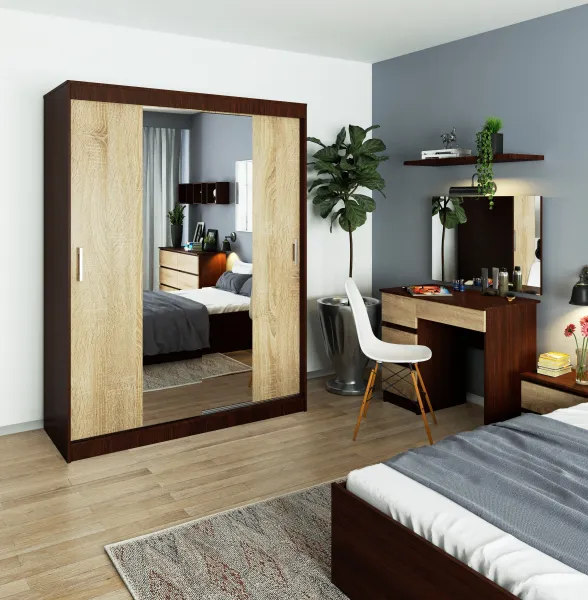 Ak furniture Šatníková skriňa so zrkadlom Reton 150 cm wenge/dub sonoma