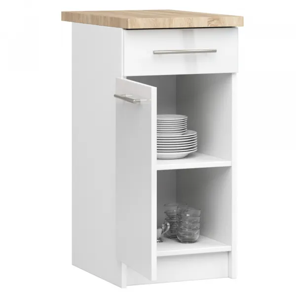 Ak furniture Kuchyňská skříňka Olivie S 40 cm 1D 1S bílá/bílý lesk/dub sonoma