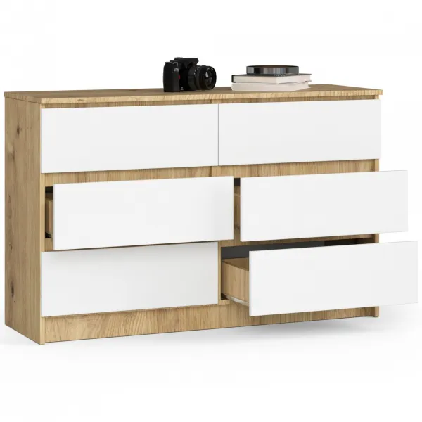 Ak furniture Komoda Kuba 120 cm 6 zásuviek dub artisan/biela
