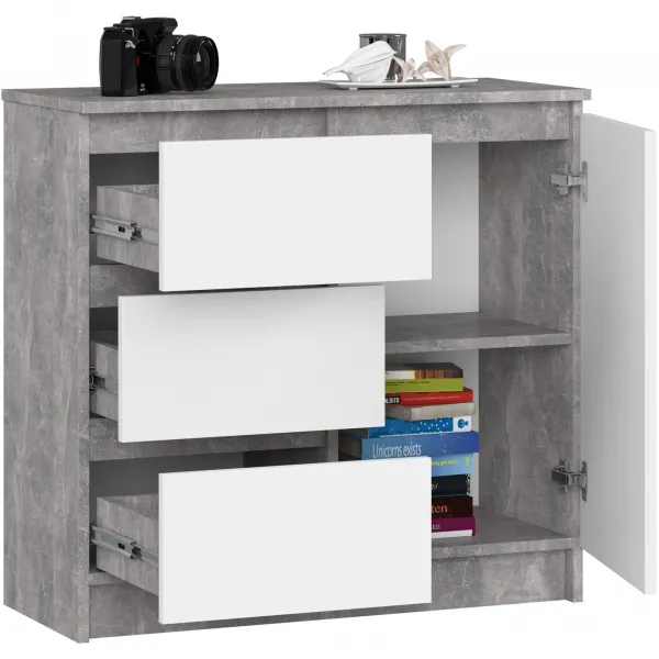 Ak furniture Komoda JERRY K 80 cm 1 dvere 3 zásuvky betón/biela