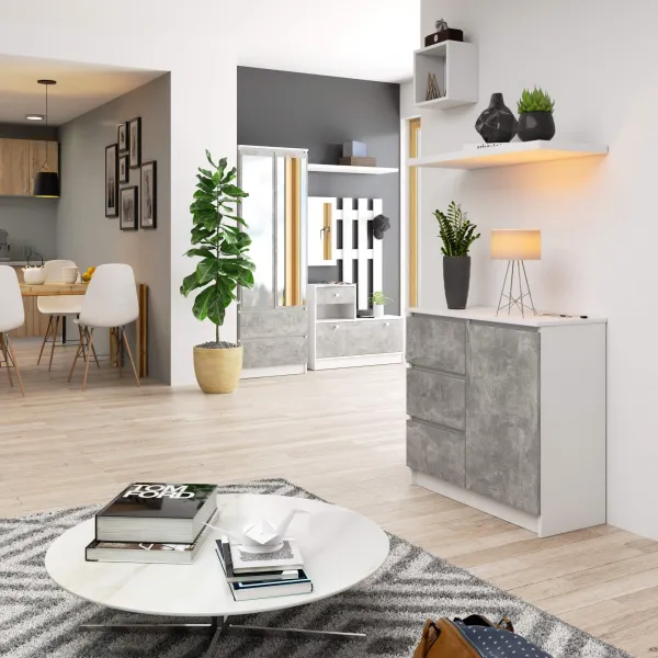 Ak furniture Komoda JERRY K 80 cm 1 dveře 3 zásuvky bílá/beton