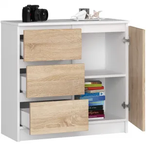Ak furniture Komoda JERRY K 80 cm 1 dveře 3 zásuvky bílá/dub sonoma