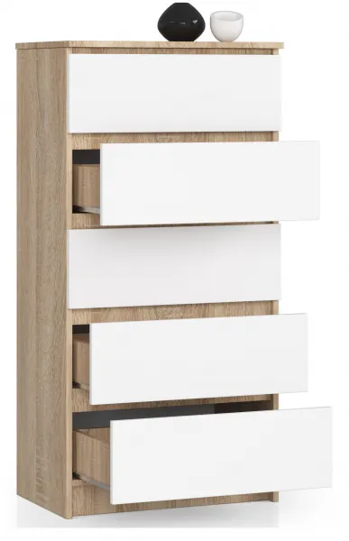 Ak furniture Komoda Kuba 60 cm - 5 zásuviek dub sonoma/biela
