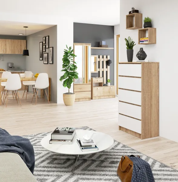 Ak furniture Komoda Kuba 60 cm - 5 zásuviek dub sonoma/biela