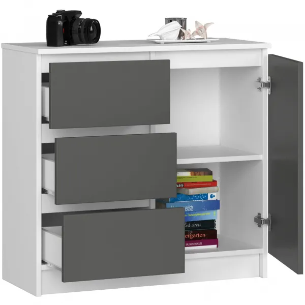 Ak furniture Komoda JERRY K 80 cm 1 dveře 3 zásuvky bílá/šedá
