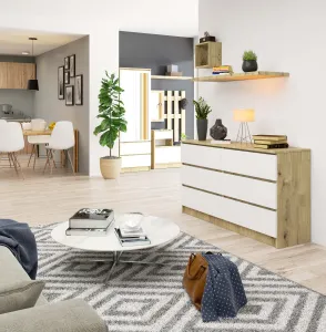 Ak furniture Komoda Kuba 140 cm 6 zásuviek dub artisan/biela