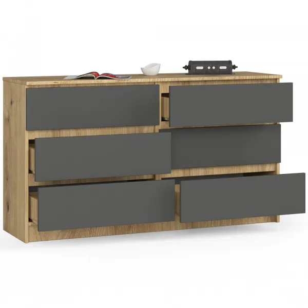 Ak furniture Komoda Kuba 140 cm 6 zásuviek dub artisan/grafitová
