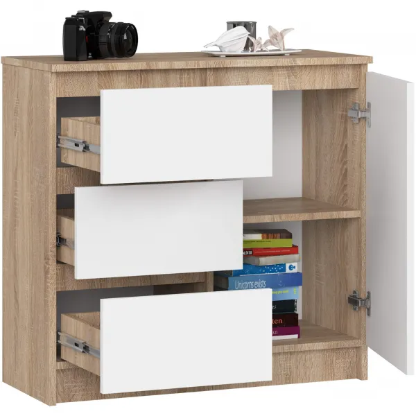 Ak furniture Komoda JERRY K 80 cm 1 dvere 3 zásuvky dub sonoma/biela