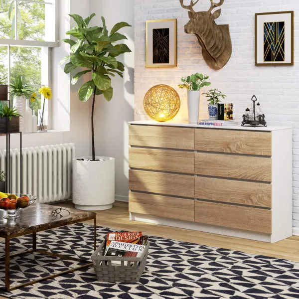 Ak furniture Komoda Kuba 160 cm 8 šuplíků bílá/dub sonoma