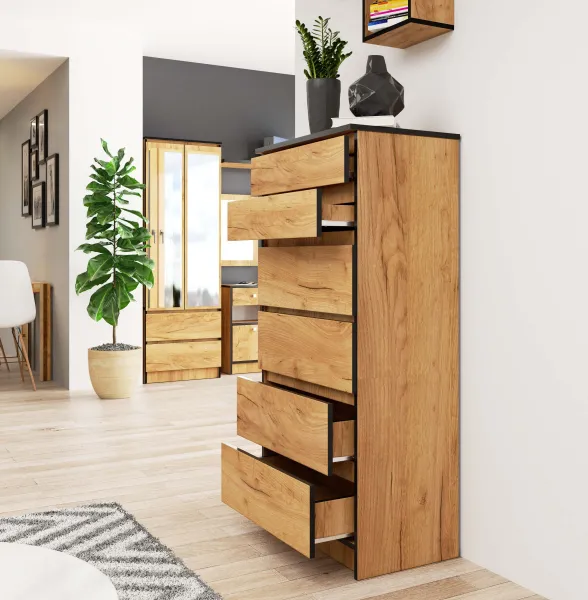 Ak furniture Komoda KRISTAL K60 so 6 šuflíkmi dub craft zlatý