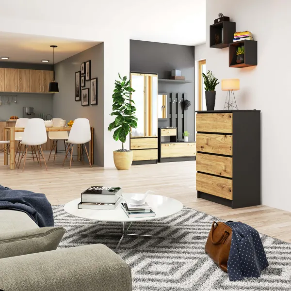Ak furniture Komoda Kuba 60 cm - 4 šuplíky grafit/dub artisan