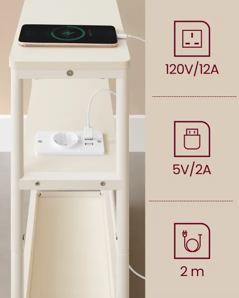 VASAGLE Úzky rozkladací stolík s napájacím zdrojom a USB kľúčom a zásuvkou USB krémový