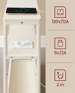 VASAGLE Úzky rozkladací stolík s napájacím zdrojom a USB kľúčom a zásuvkou USB krémový