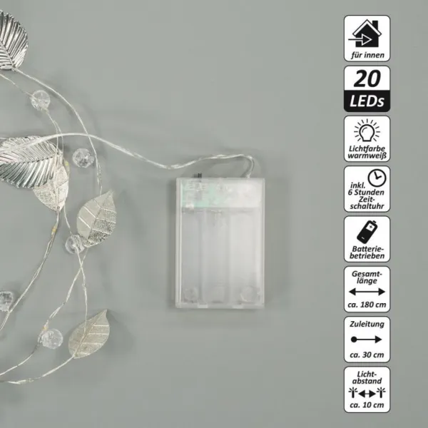 Osvetlenie perly a strieborné listy, 20 LED, teplá biela