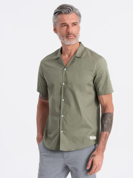 Pánska košeľa s krátkym rukávom-kubánsky golier-khaki