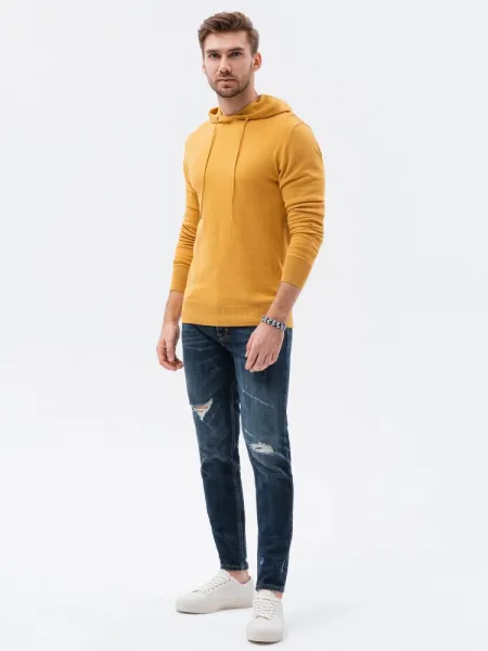 Štýlový sveter s kapucňou pre pánov horčicový