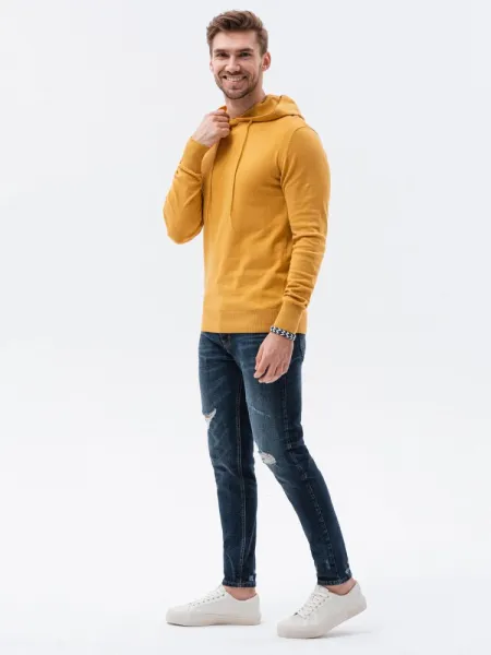 Štýlový sveter s kapucňou pre pánov horčicový