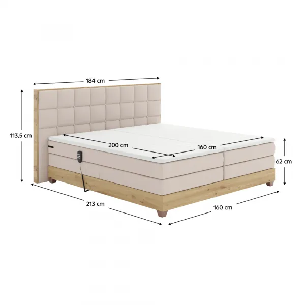 Elektrická polohovacia posteľ, boxspring, béžová/dub artisan, 160x200, TIANA
