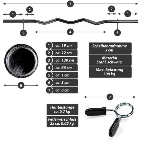 MAXXIVA 88236 zakrivená činková tyč-čierna, 130cm, pružinové zámky