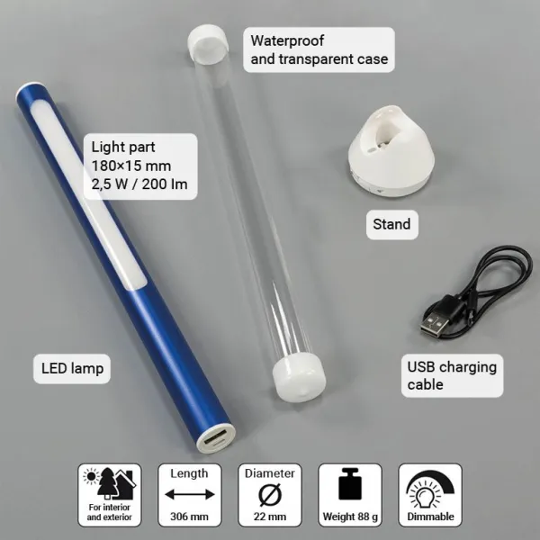 Garthen 88231 Tyčová kempingová LED lampa, vodotesná, modrá, 30 cm