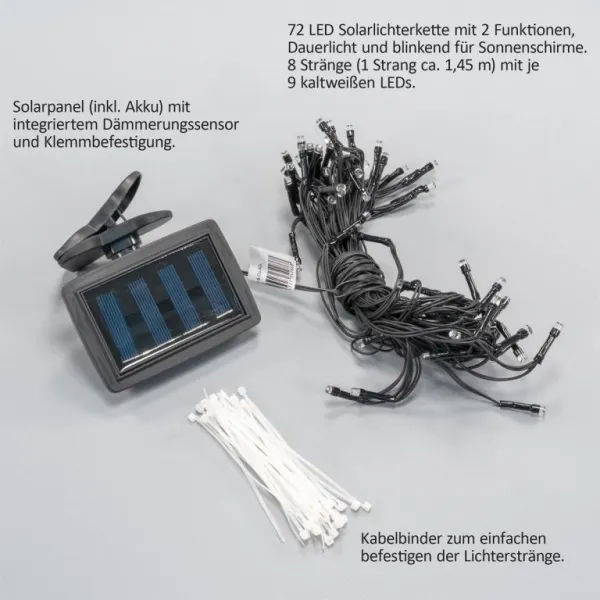 Solárna blikajúca reťaz pre osvetlenie slnečníka - 72 LED