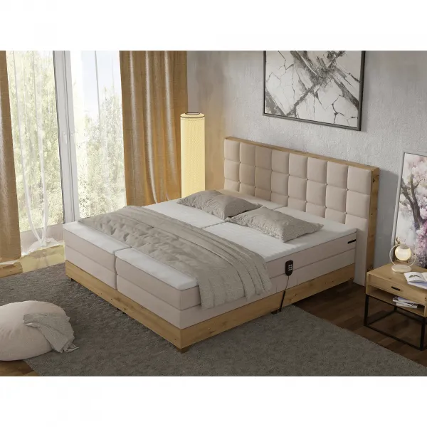 Elektrická polohovacia posteľ, boxspring, béžová/dub artisan, 180x200, TIANA