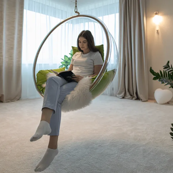 Závesné kreslo, transparentná/zlatá/zelená, BUBBLE NEW TYP 1
