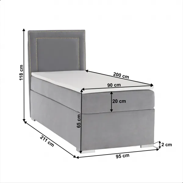 Boxspringová posteľ, jednolôžko, svetlosivá, 90x200, ľavá, BILY