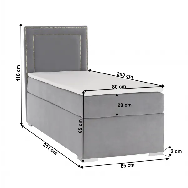 Boxspringová posteľ, jednolôžko, svetlosivá, 80x200, ľavá, BILY