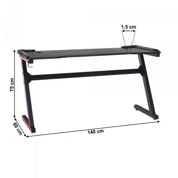 Herný stôl/počítačový stôl, s RGB LED osvetlením, čierna/červená, MACKENZIE 140cm