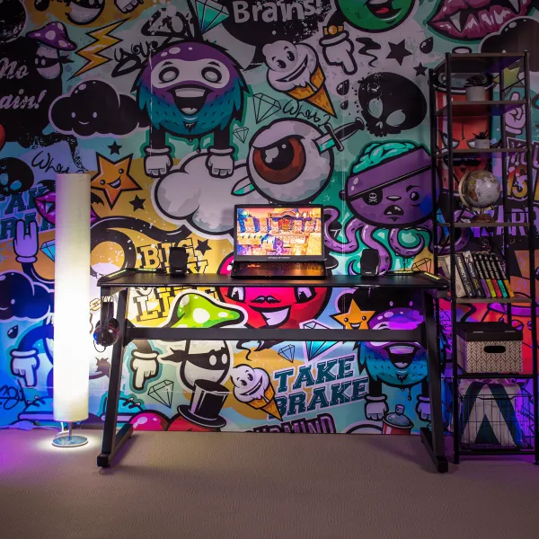 Herný stôl/počítačový stôl, s RGB LED osvetlením, čierna/červená, MACKENZIE 140cm