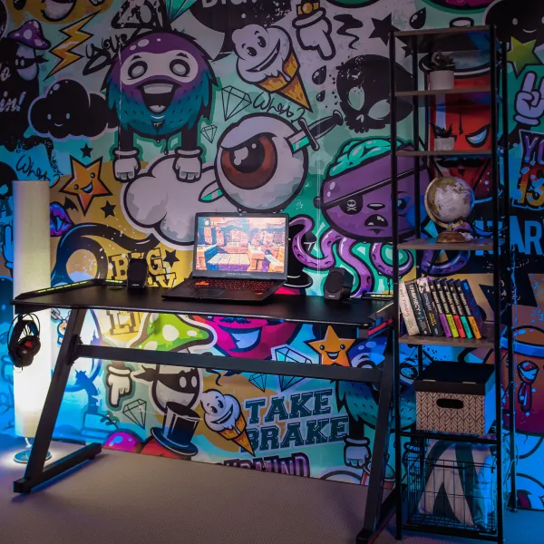 Herný stôl/počítačový stôl, s RGB LED osvetlením, čierna/červená, MACKENZIE 140cm