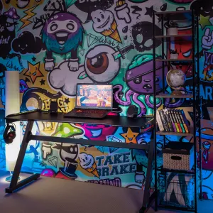 Herný stôl/počítačový stôl, s RGB LED osvetlením, čierna/červená, MACKENZIE 140cm